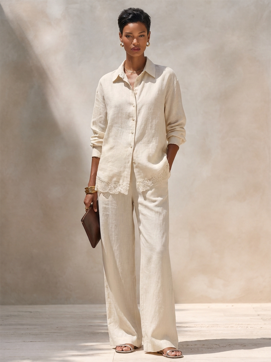 Women's Linen-Blend Shirt And Trouser Set With Lace Hem Detail MDZ1438H7ZRK
