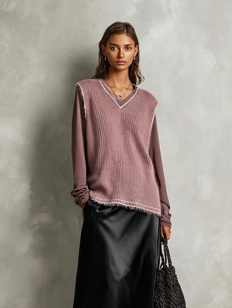 Women's Elegant Dusty Pink Knit Vest, A Long-Sleeved Knit Top And A Black Satin Skirt 3-Piece Set MDZ1414H4LXY