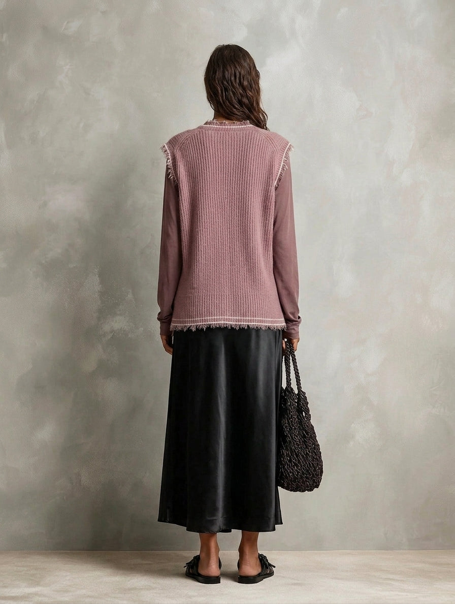 Women's Elegant Dusty Pink Knit Vest, A Long-Sleeved Knit Top And A Black Satin Skirt 3-Piece Set MDZ1414H4LXY