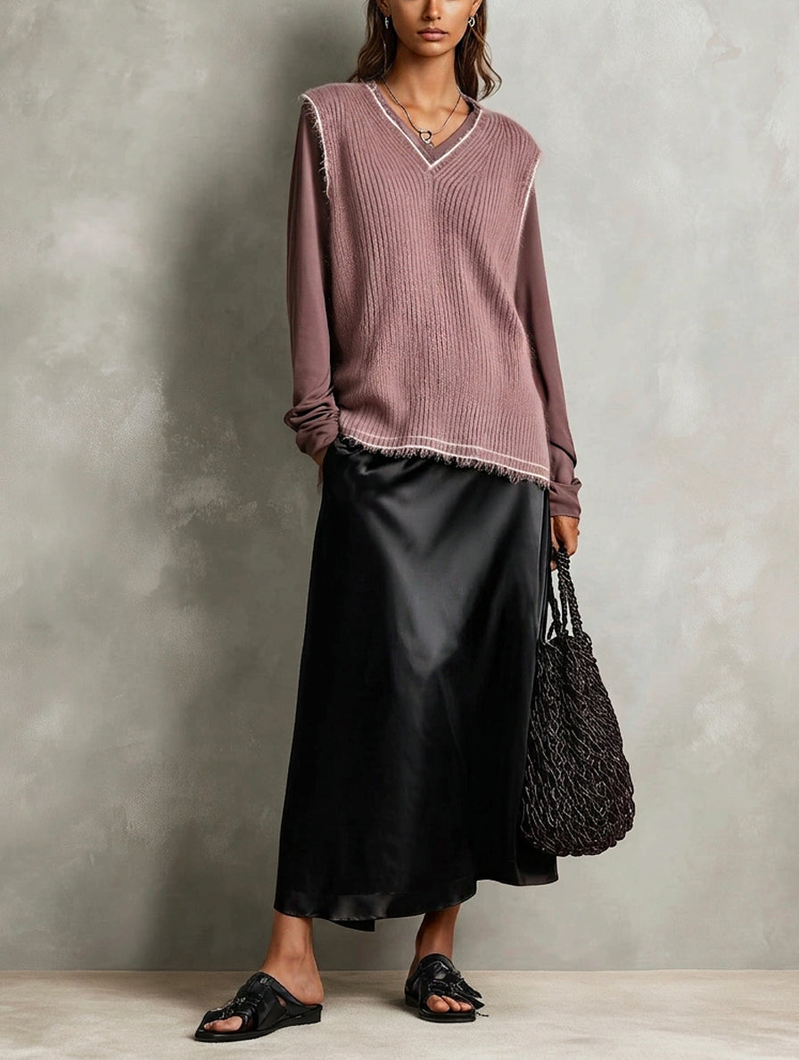 Women's Elegant Dusty Pink Knit Vest, A Long-Sleeved Knit Top And A Black Satin Skirt 3-Piece Set MDZ1414H4LXY