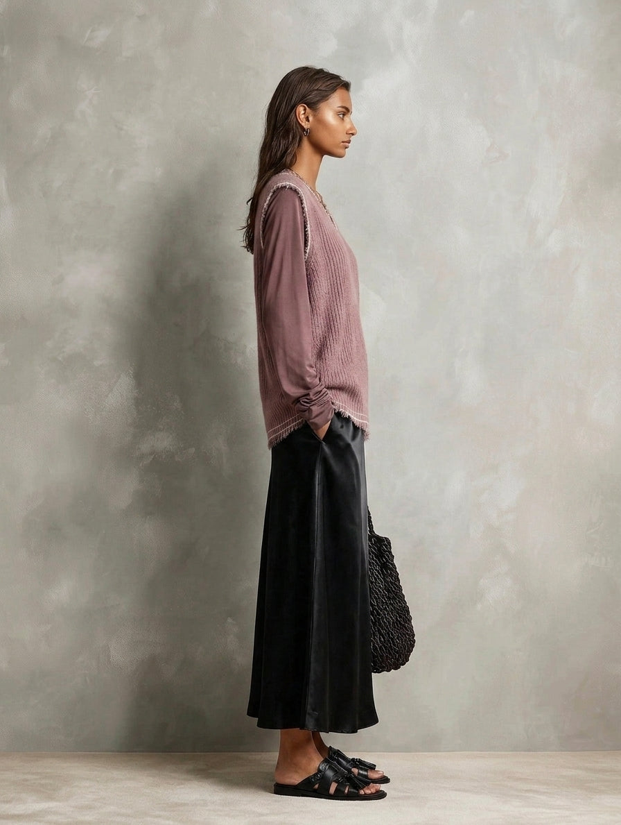 Women's Elegant Dusty Pink Knit Vest, A Long-Sleeved Knit Top And A Black Satin Skirt 3-Piece Set MDZ1414H4LXY