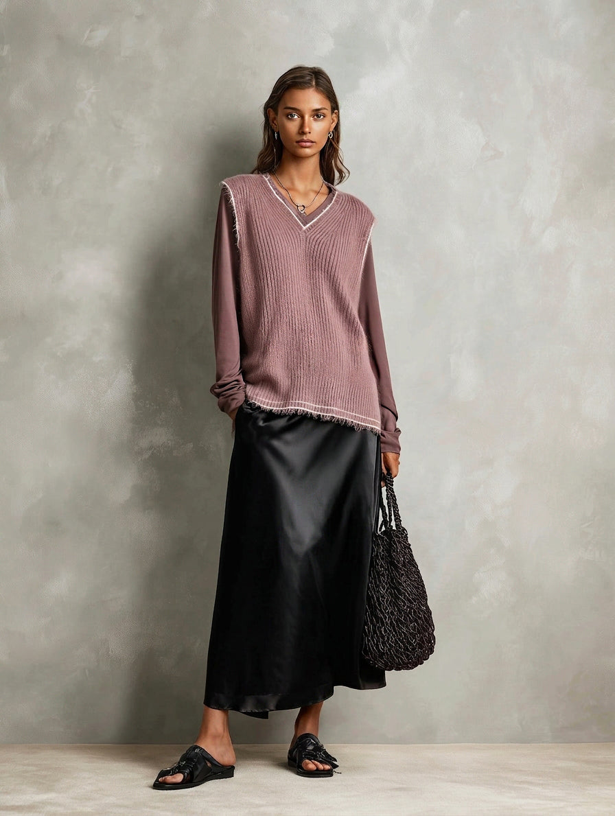 Women's Elegant Dusty Pink Knit Vest, A Long-Sleeved Knit Top And A Black Satin Skirt 3-Piece Set MDZ1414H4LXY
