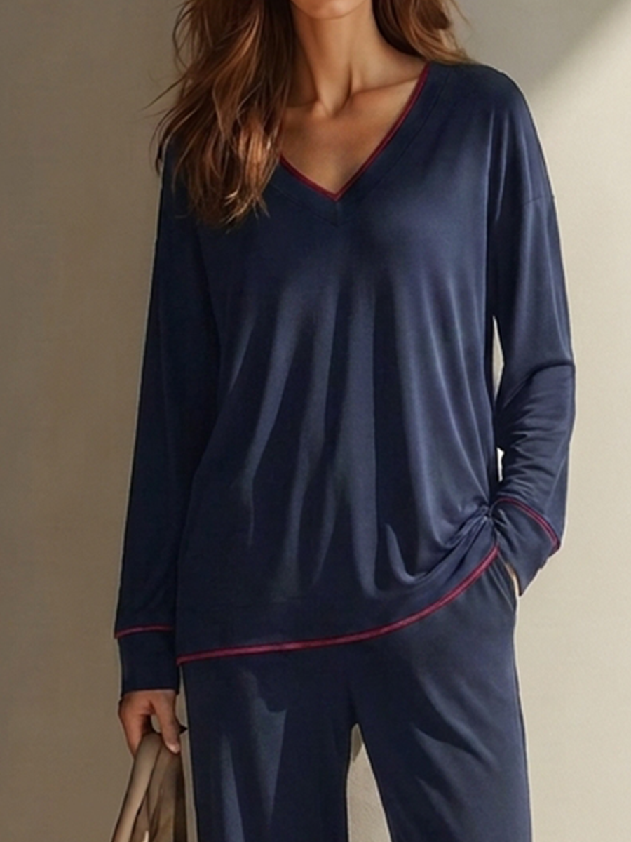 Women's Cotton-Blend V-Neck Long-Sleeve Top & Trouser Set With Contrast Trim MDZ1444H7ZRK