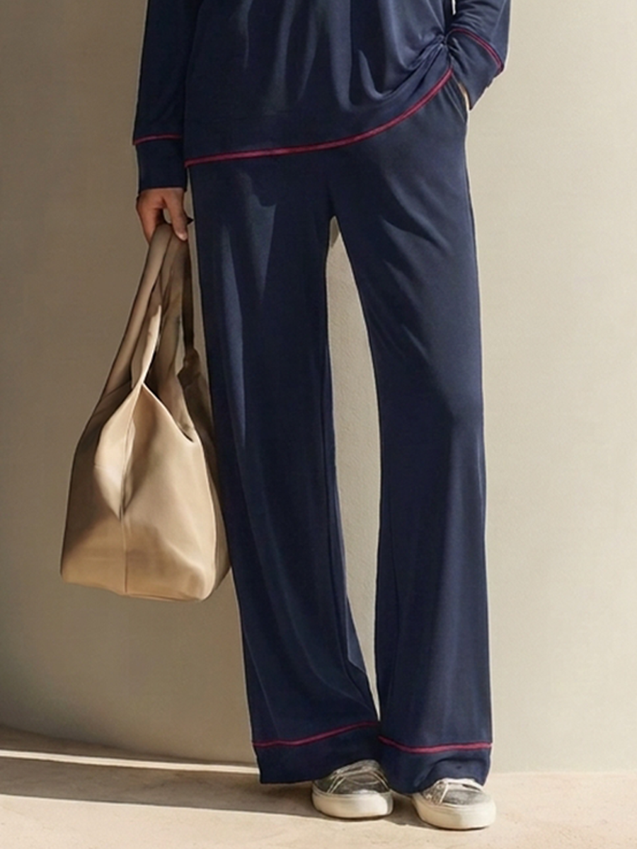 Women's Cotton-Blend V-Neck Long-Sleeve Top & Trouser Set With Contrast Trim MDZ1444H7ZRK
