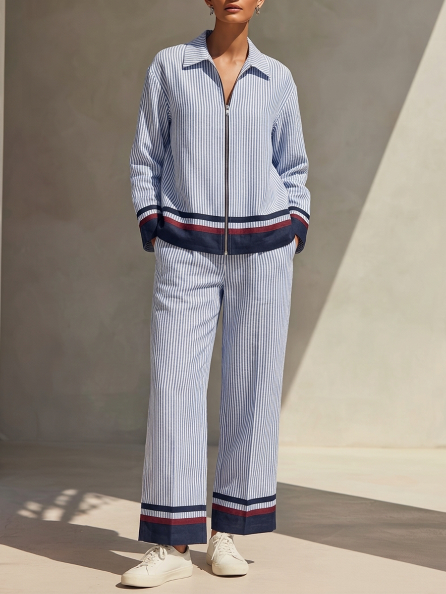 Women's Striped Collared Zip-Up Top & Cropped Trousers Cotton-Linen Set MDZ1413H0ZRK
