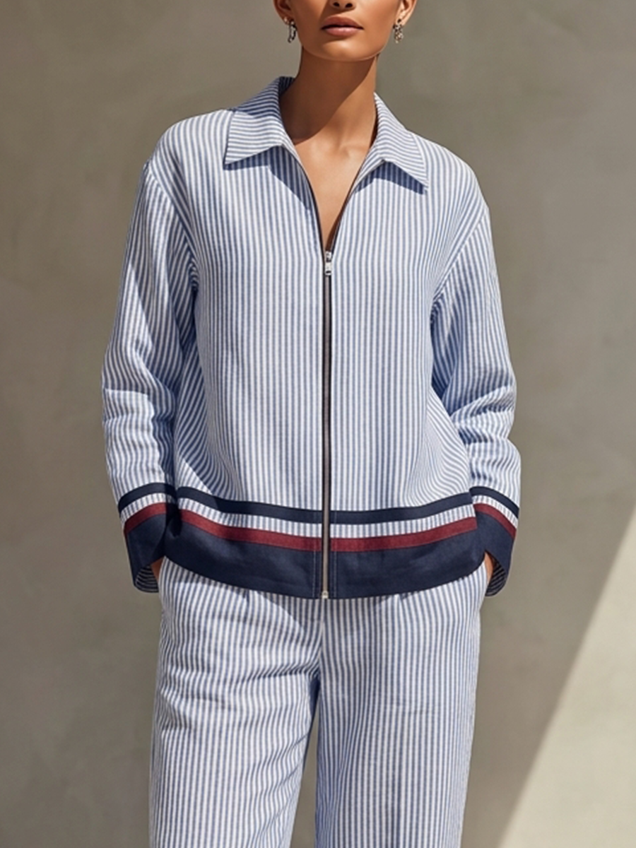 Women's Striped Collared Zip-Up Top & Cropped Trousers Cotton-Linen Set MDZ1413H0ZRK
