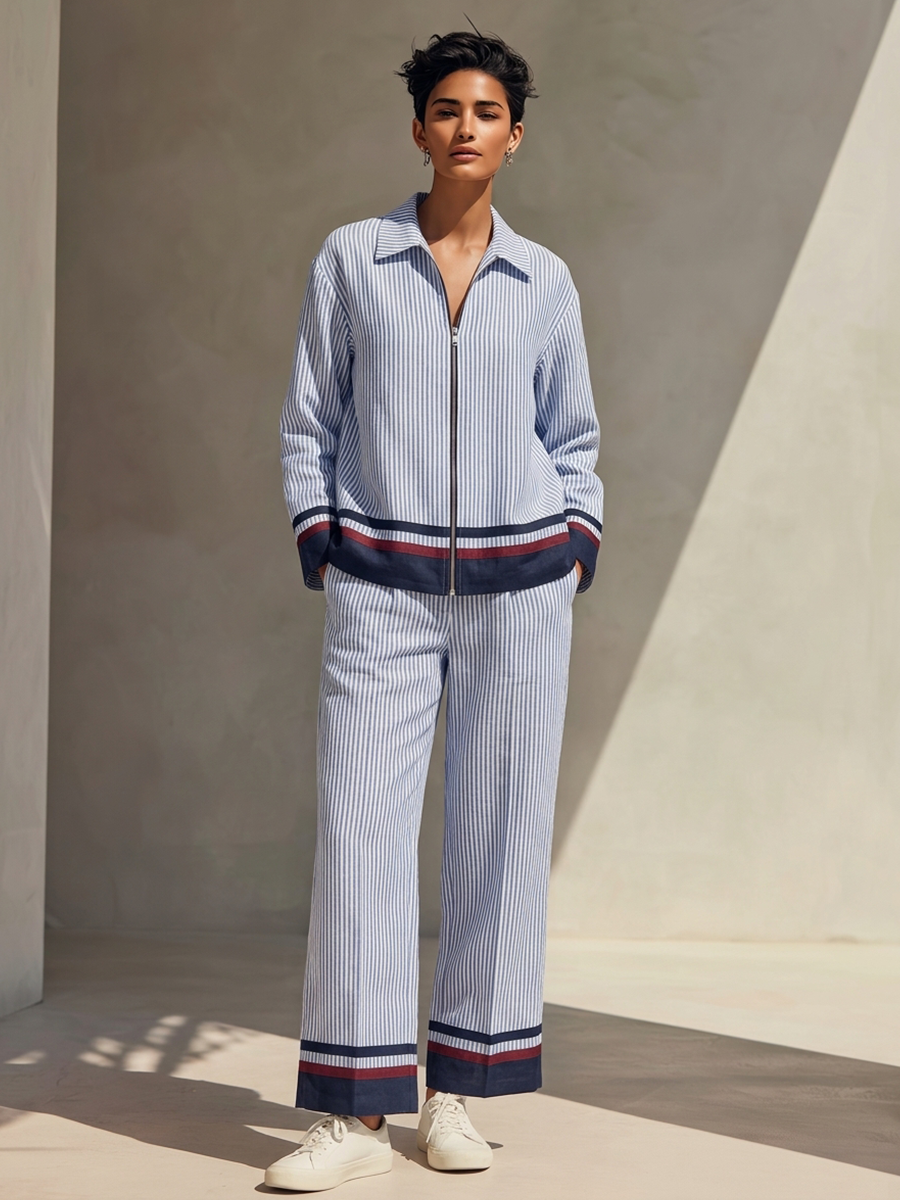 Women's Striped Collared Zip-Up Top & Cropped Trousers Cotton-Linen Set MDZ1413H0ZRK