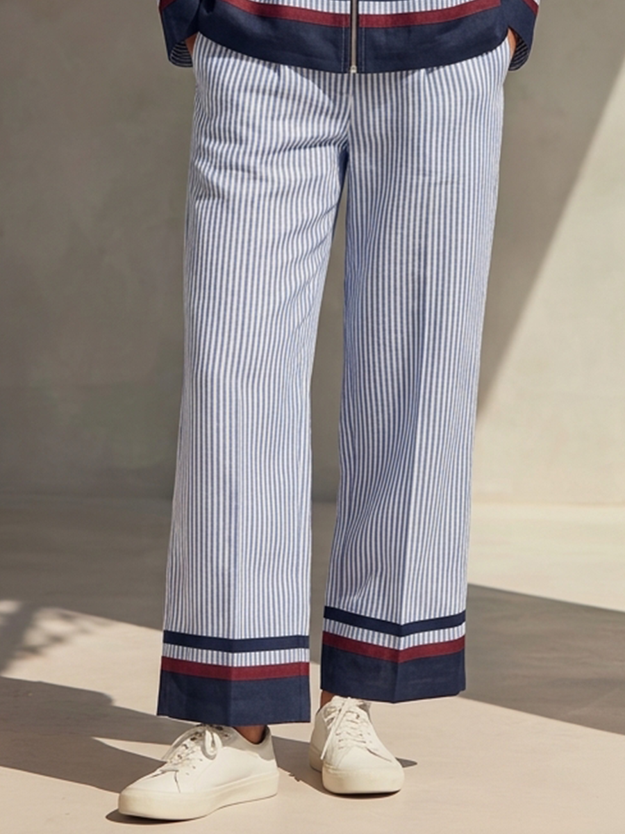 Women's Striped Collared Zip-Up Top & Cropped Trousers Cotton-Linen Set MDZ1413H0ZRK