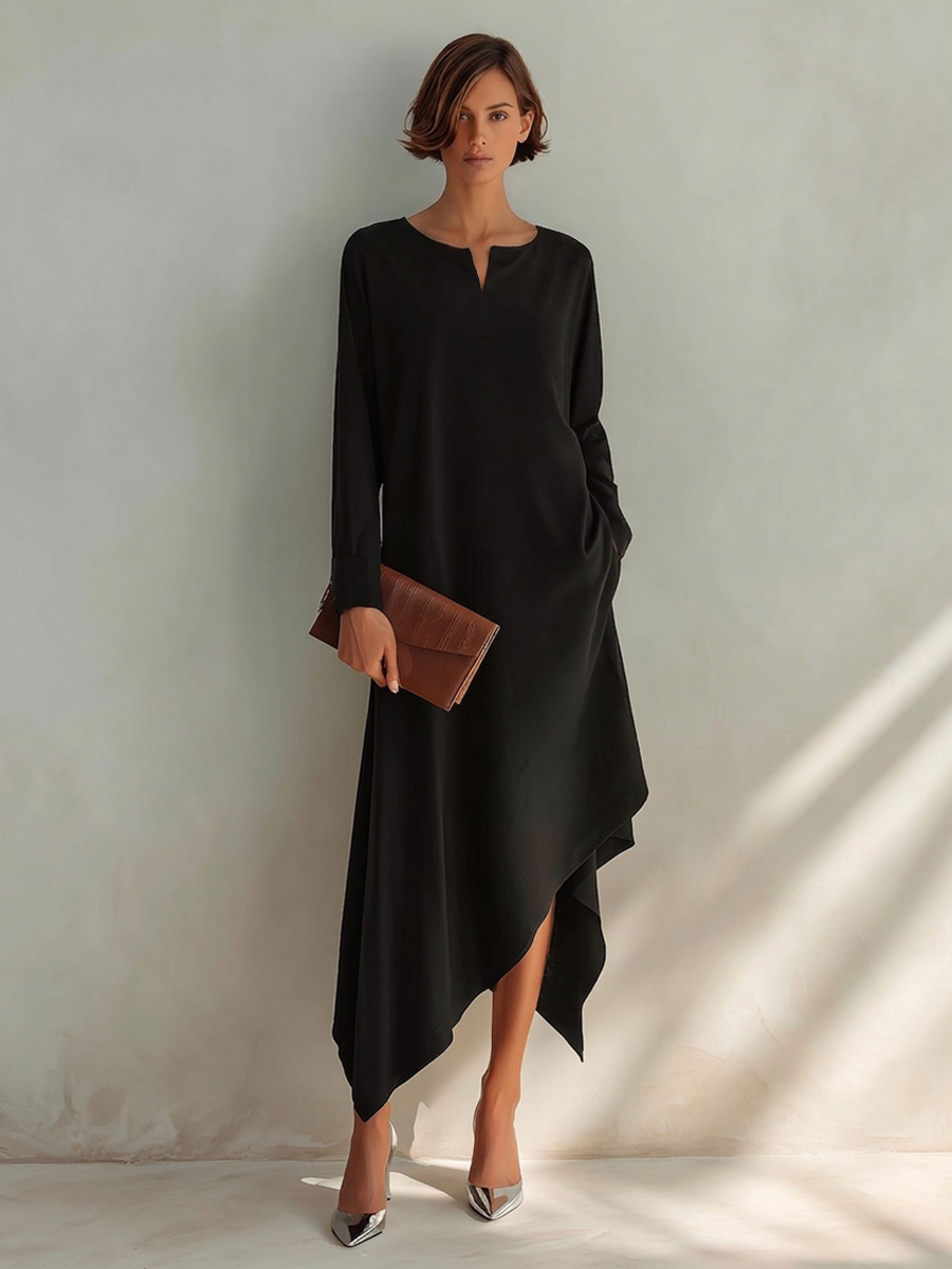 Women's Small V-Neck And Asymmetrical Hem Cotton-Blend Midi Dress MDZ1429H1ZRK