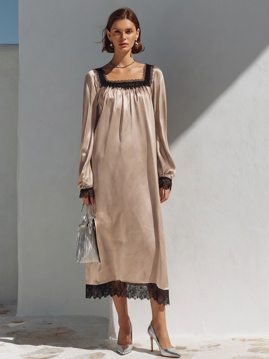 Women's Square-Neck Faux-Silk Maxi Dress With Lace Paneling MDZ1489H3ZRK