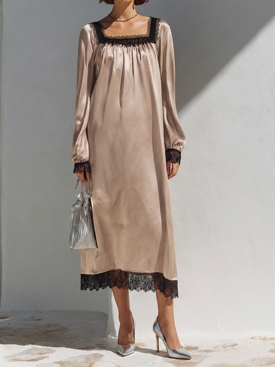 Women's Square-Neck Faux-Silk Maxi Dress With Lace Paneling MDZ1489H3ZRK