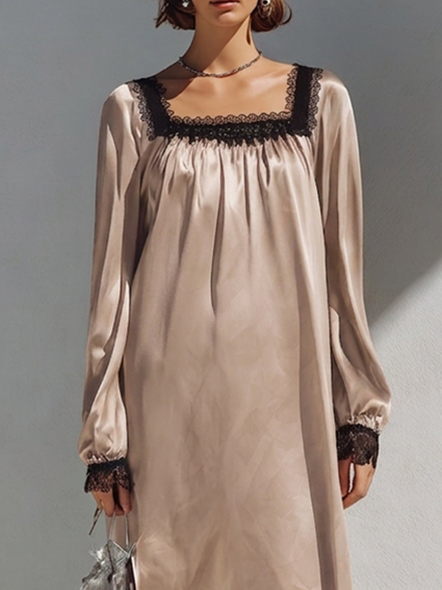 Women's Square-Neck Faux-Silk Maxi Dress With Lace Paneling MDZ1489H3ZRK