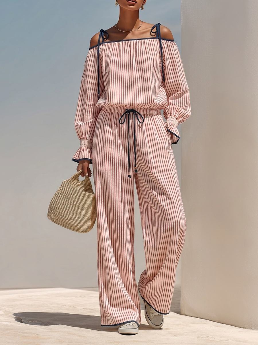 Women's Off-Shoulder Striped Cotton-Linen Jumpsuit With Tie Detail MDZ1424H9ZRK
