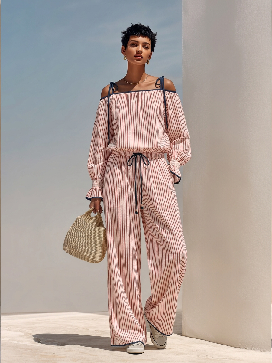 Women's Off-Shoulder Striped Cotton-Linen Jumpsuit With Tie Detail MDZ1424H9ZRK