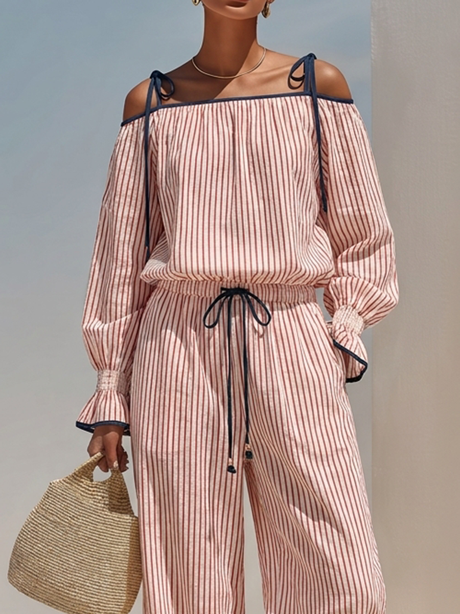 Women's Off-Shoulder Striped Cotton-Linen Jumpsuit With Tie Detail MDZ1424H9ZRK