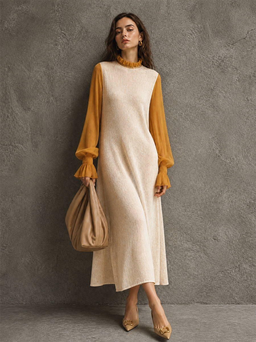 Women's Colorblock Elegant Knit Lantern Sleeve Maxi Dress MDZ1466H3GMJ