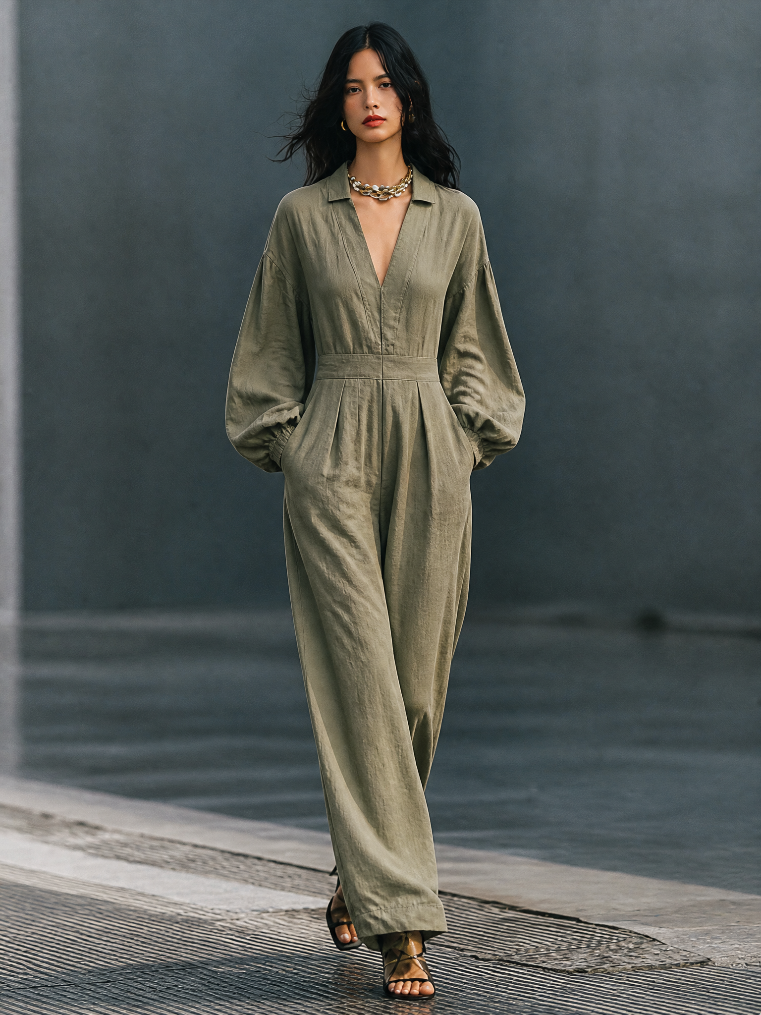 Women's V-Neck Casual Cotton Linen Wide-Leg Jumpsuit MDZ1423H3GMJ