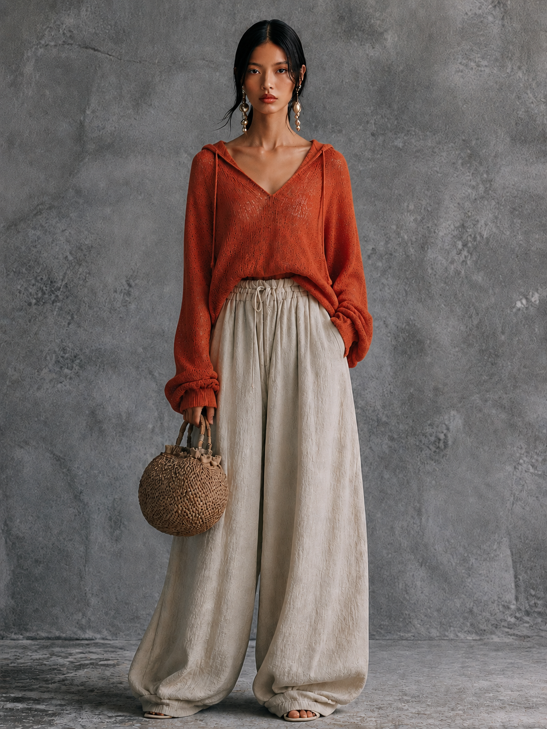 Women's Casual Knit Hooded Top Cotton Linen Wide-Leg Pants Set MDZ1457H5GMJ