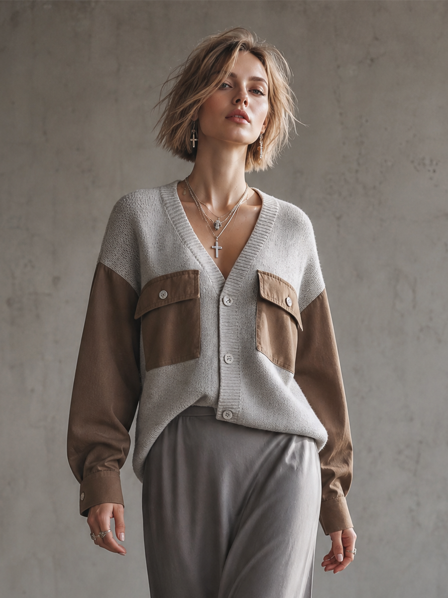Women's Long Sleeve Colorblock Flap Pocket Grey Cardigan MDZ1462H5YZJ
