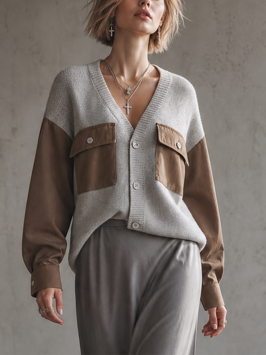 Women's Long Sleeve Colorblock Flap Pocket Grey Cardigan MDZ1462H5YZJ
