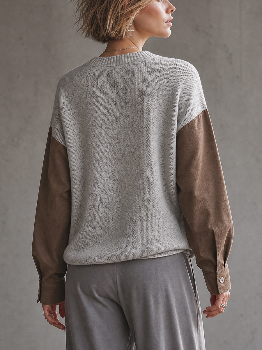 Women's Long Sleeve Colorblock Flap Pocket Grey Cardigan MDZ1462H5YZJ