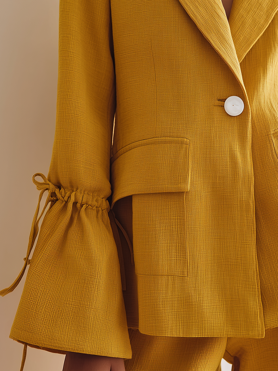 Women's Notch Lapel Drawstring Sleeve Linen Mustard Blazer Set MDZ1408H0YZJ