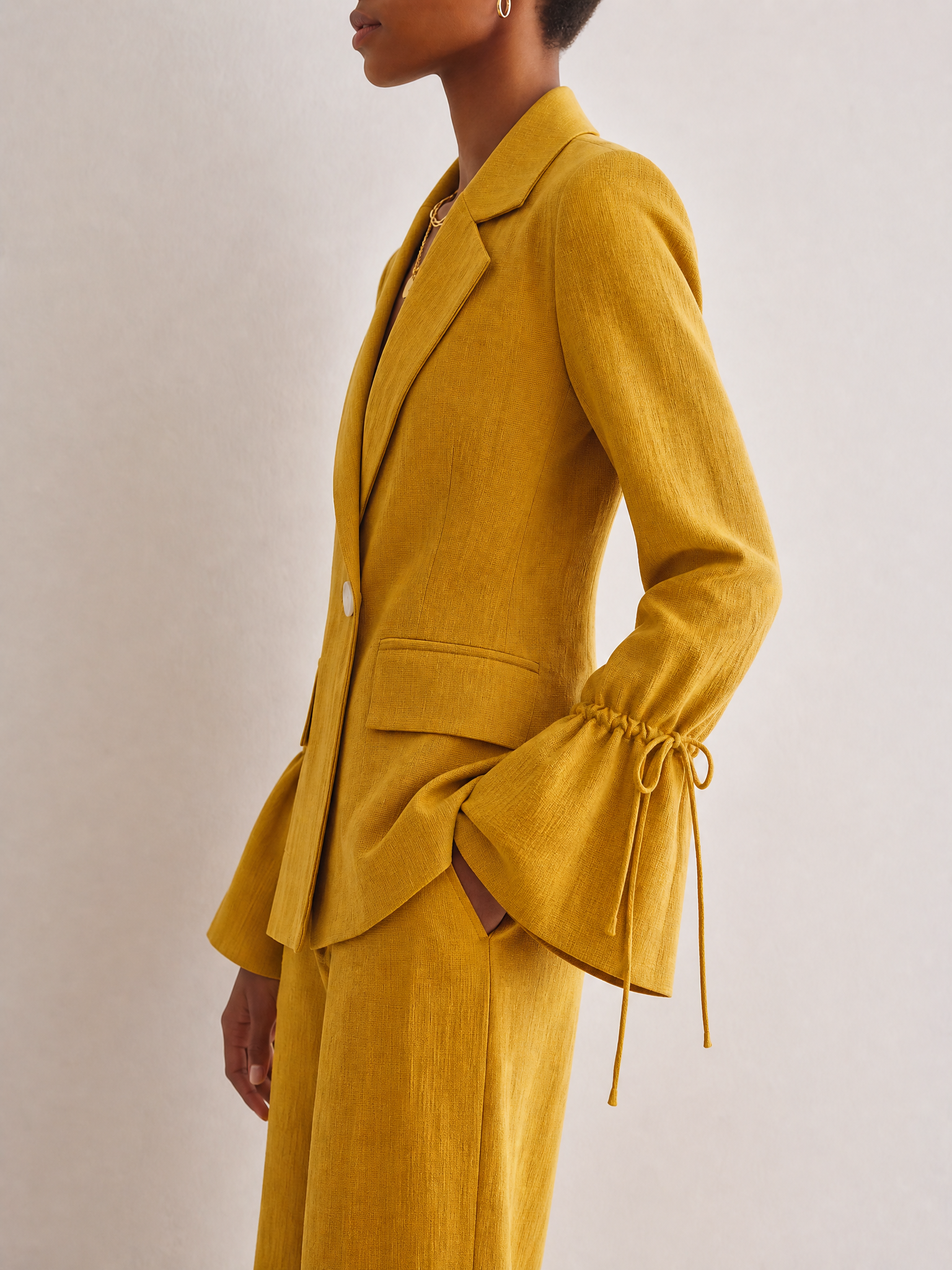 Women's Notch Lapel Drawstring Sleeve Linen Mustard Blazer Set MDZ1408H0YZJ