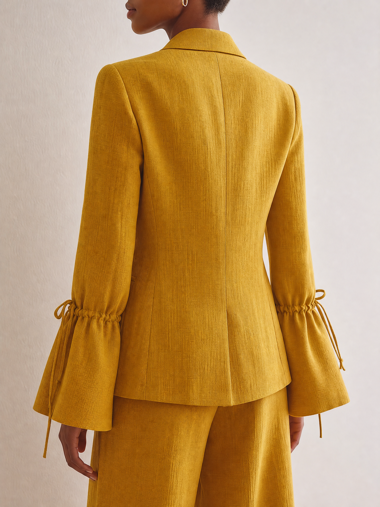 Women's Notch Lapel Drawstring Sleeve Linen Mustard Blazer Set MDZ1408H0YZJ