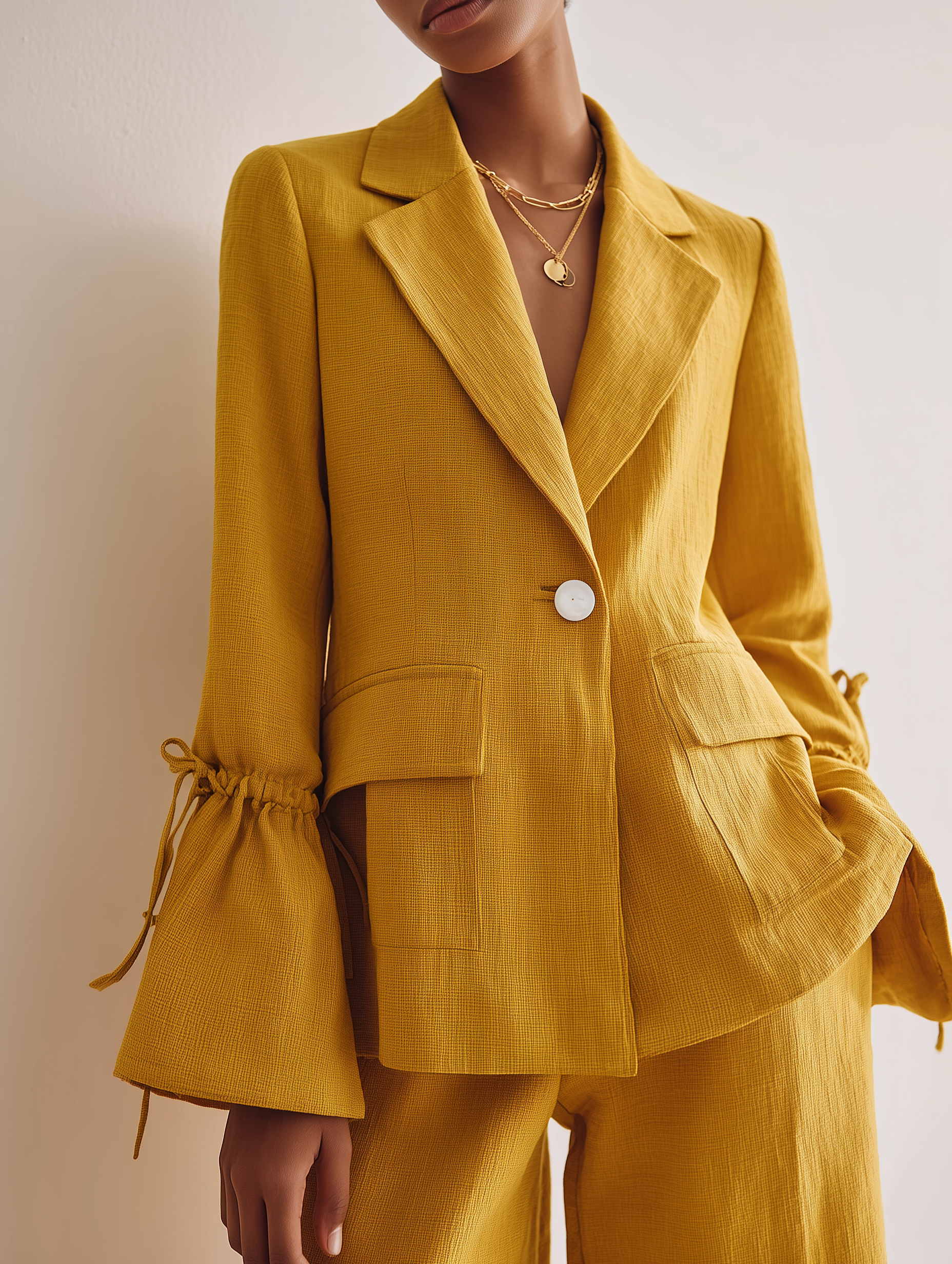 Women's Notch Lapel Drawstring Sleeve Linen Mustard Blazer Set MDZ1408H0YZJ