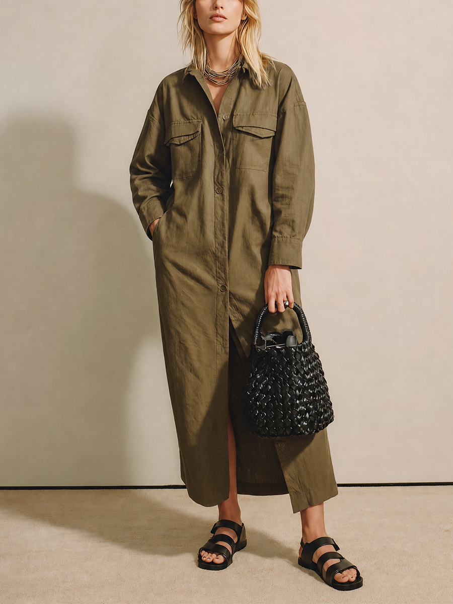 Women's Long Sleeve Button Front Linen Olive Shirt Dress MDZ1461H4YZJ