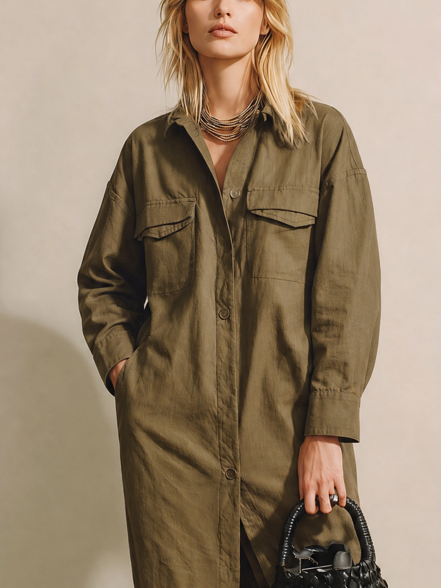 Women's Long Sleeve Button Front Linen Olive Shirt Dress MDZ1461H4YZJ