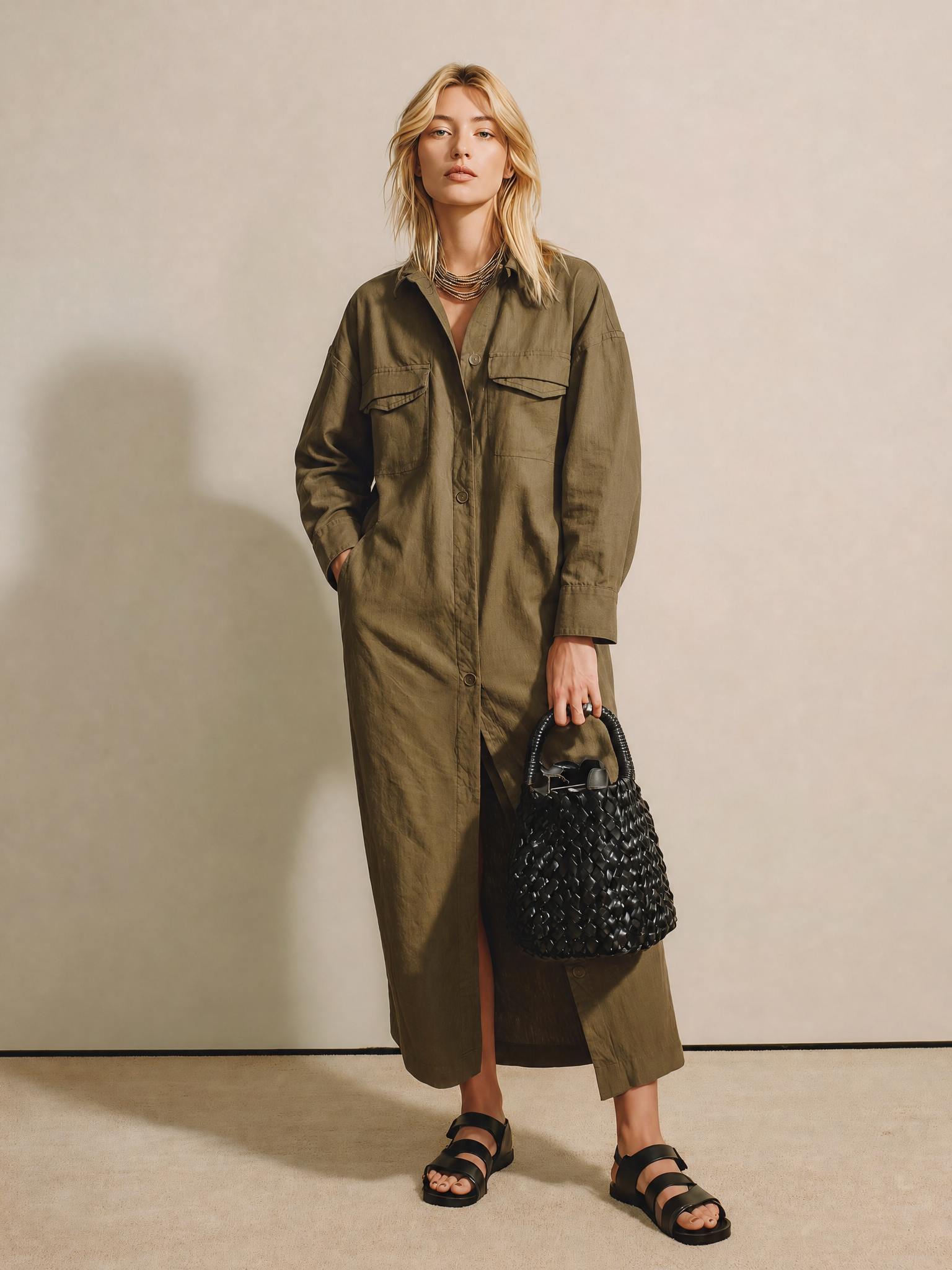 Women's Long Sleeve Button Front Linen Olive Shirt Dress MDZ1461H4YZJ
