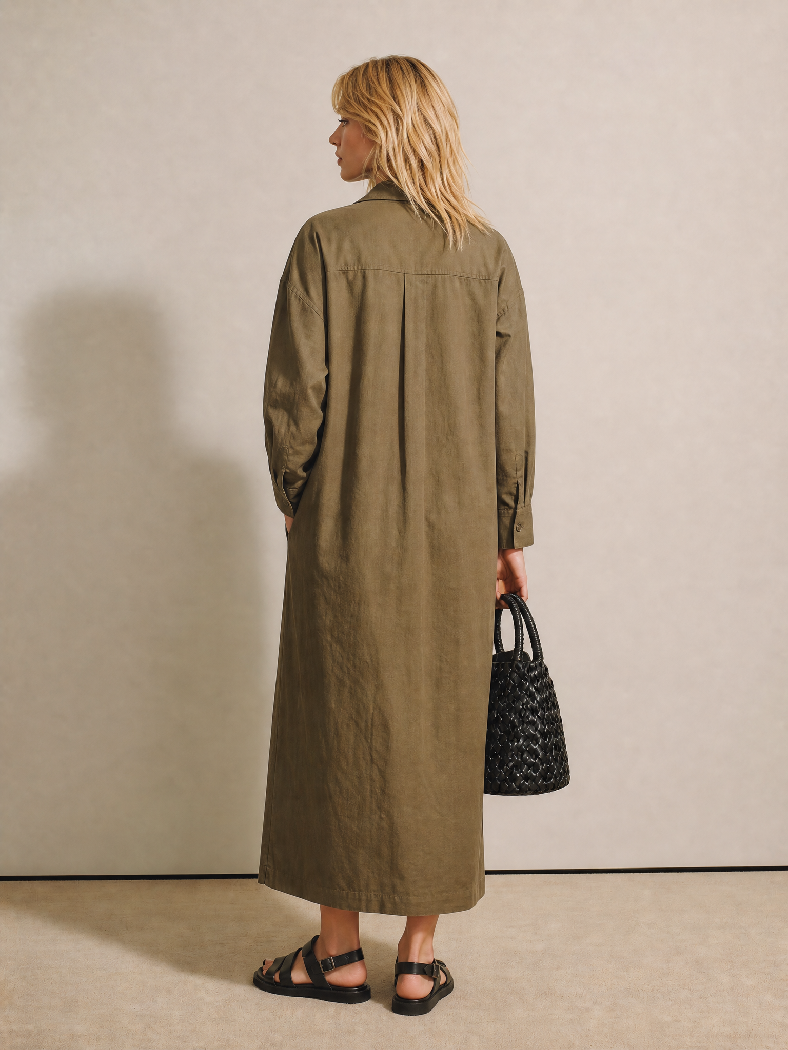 Women's Long Sleeve Button Front Linen Olive Shirt Dress MDZ1461H4YZJ