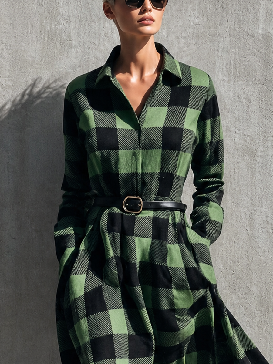 Women's Long Sleeve Buffalo Plaid Belted Green Shirt Dress MDZ1471H0YZJ