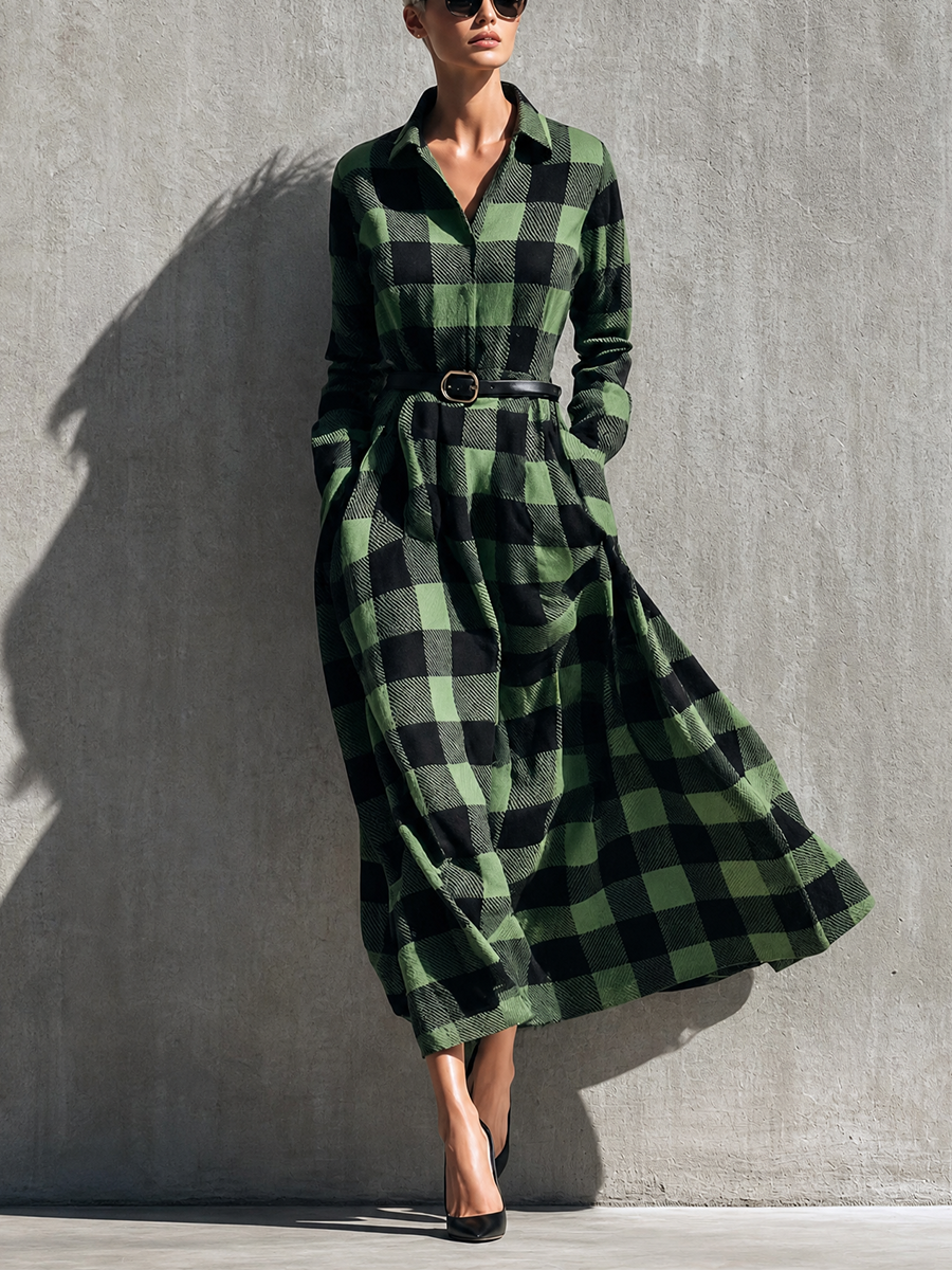Women's Long Sleeve Buffalo Plaid Belted Green Shirt Dress MDZ1471H0YZJ