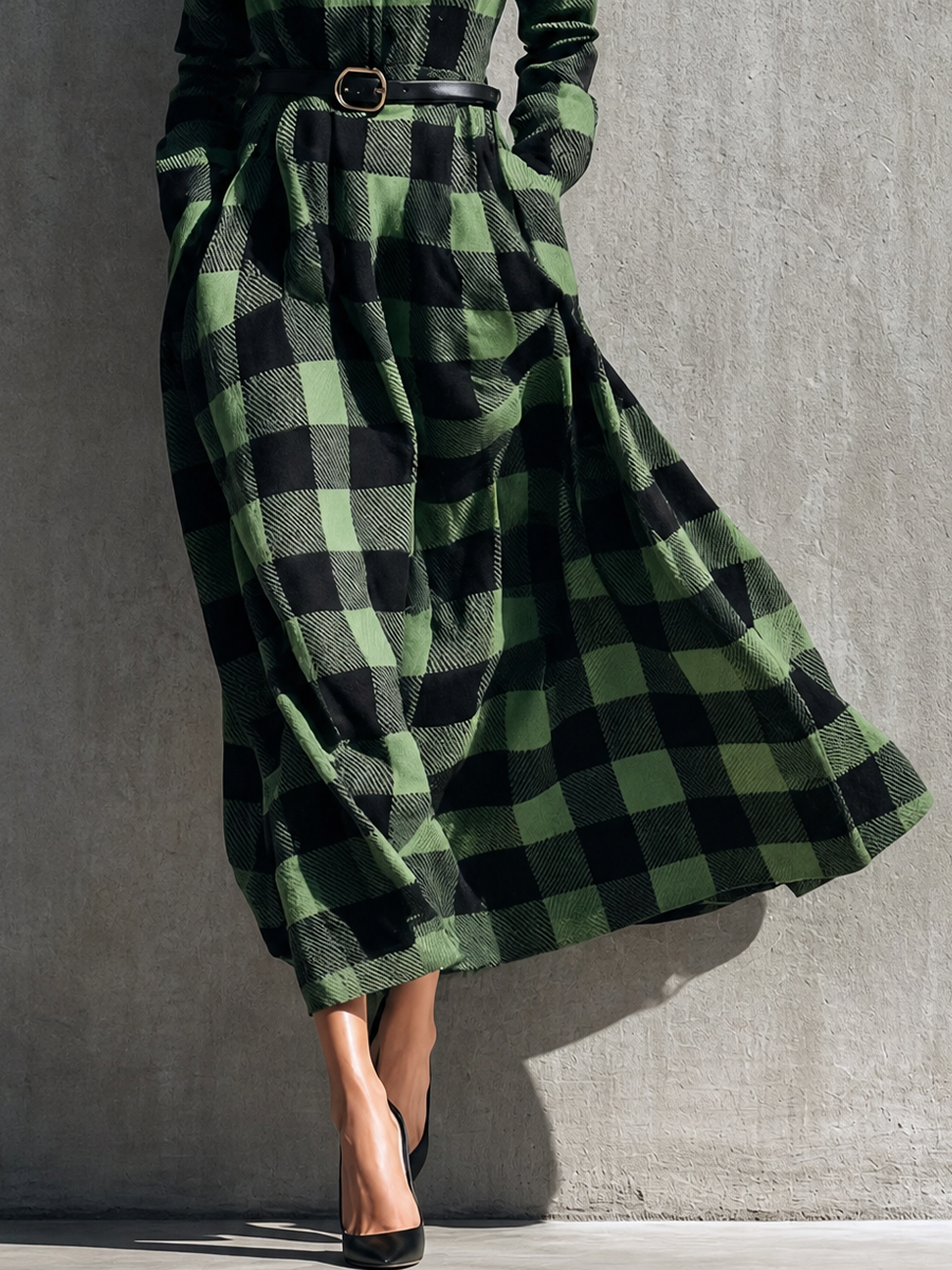 Women's Long Sleeve Buffalo Plaid Belted Green Shirt Dress MDZ1471H0YZJ