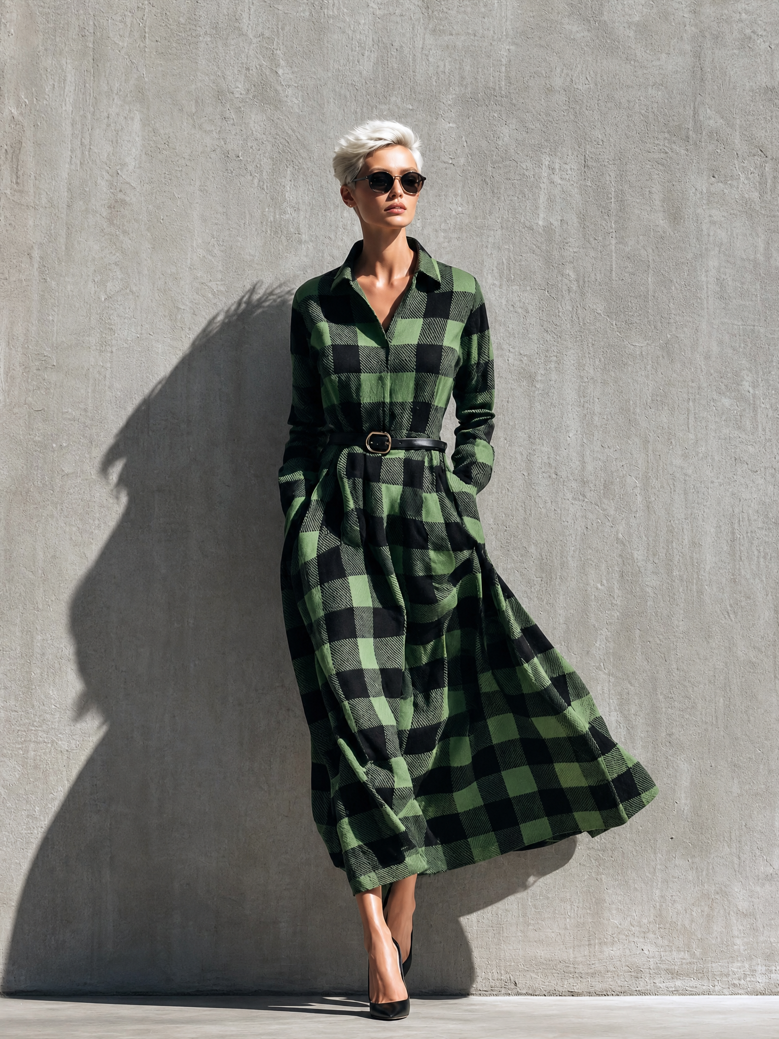 Women's Long Sleeve Buffalo Plaid Belted Green Shirt Dress MDZ1471H0YZJ