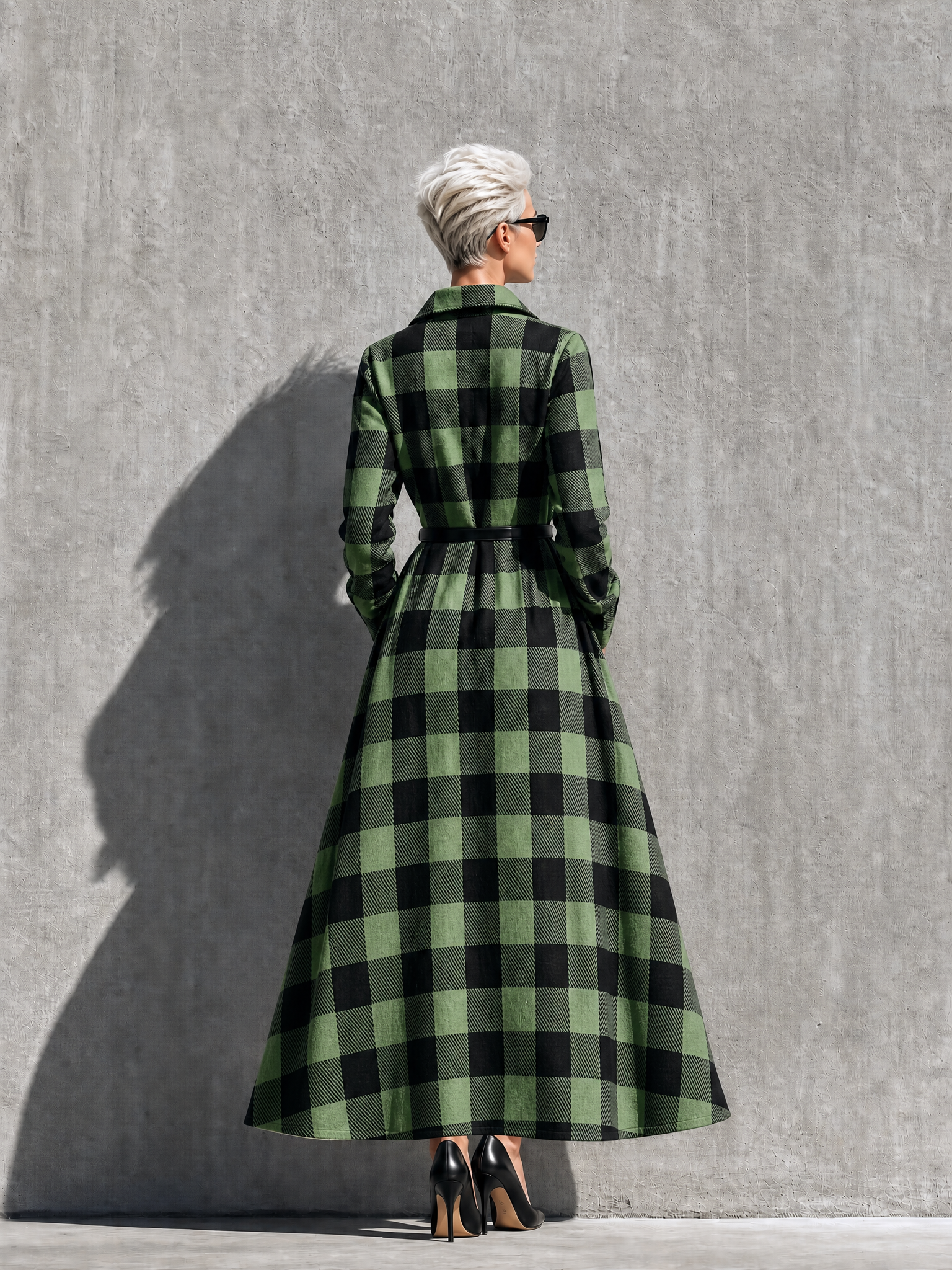 Women's Long Sleeve Buffalo Plaid Belted Green Shirt Dress MDZ1471H0YZJ