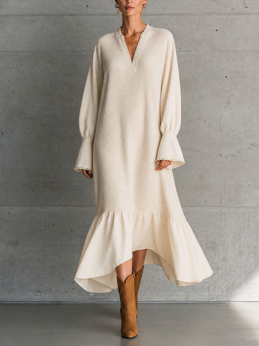 Women's Bell Sleeve Ruffle Hem Ribbed Beige Maxi Dress MDZ1468H1YZJ