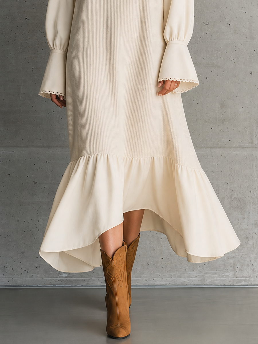 Women's Bell Sleeve Ruffle Hem Ribbed Beige Maxi Dress MDZ1468H1YZJ
