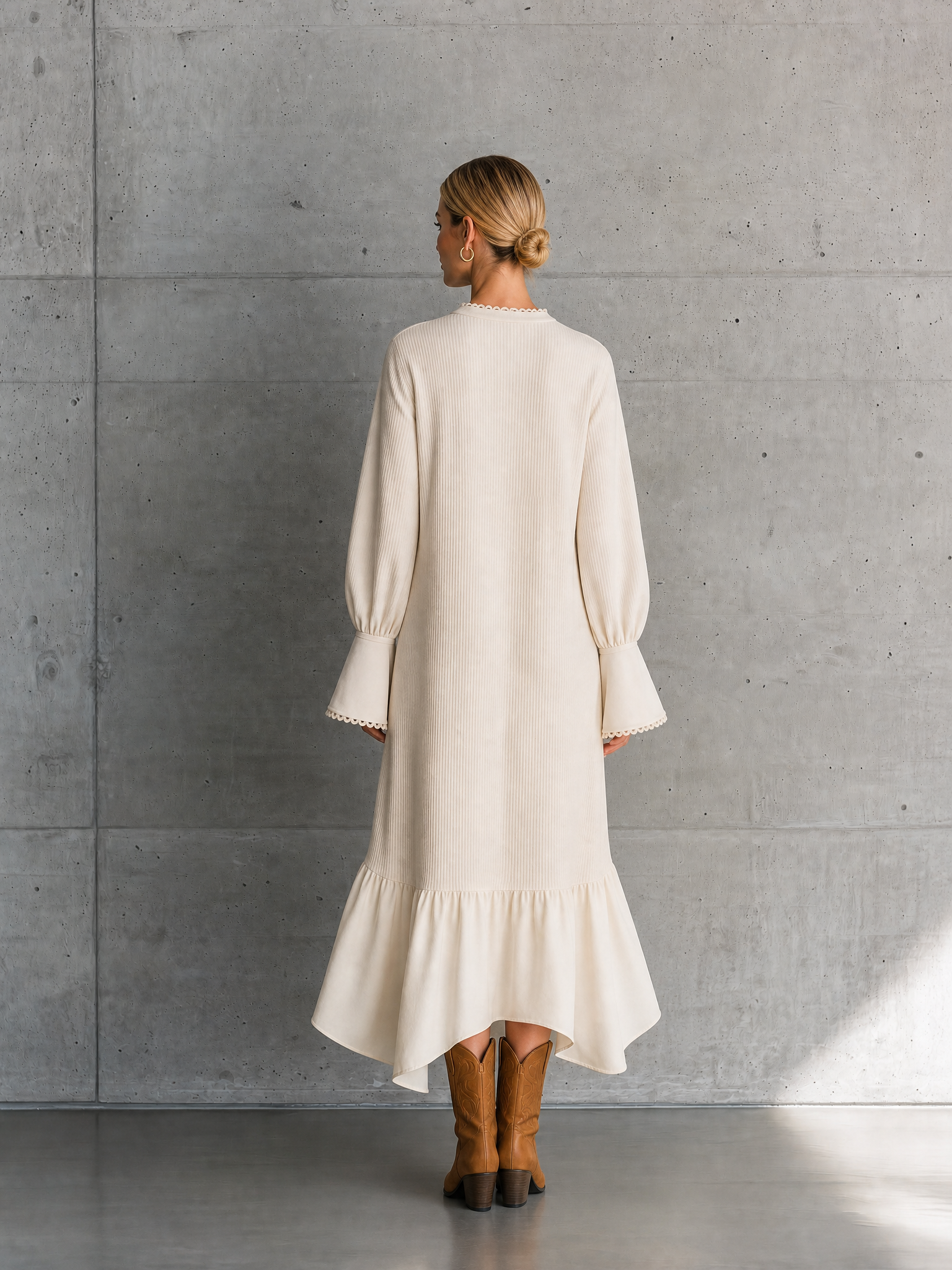 Women's Bell Sleeve Ruffle Hem Ribbed Beige Maxi Dress MDZ1468H1YZJ