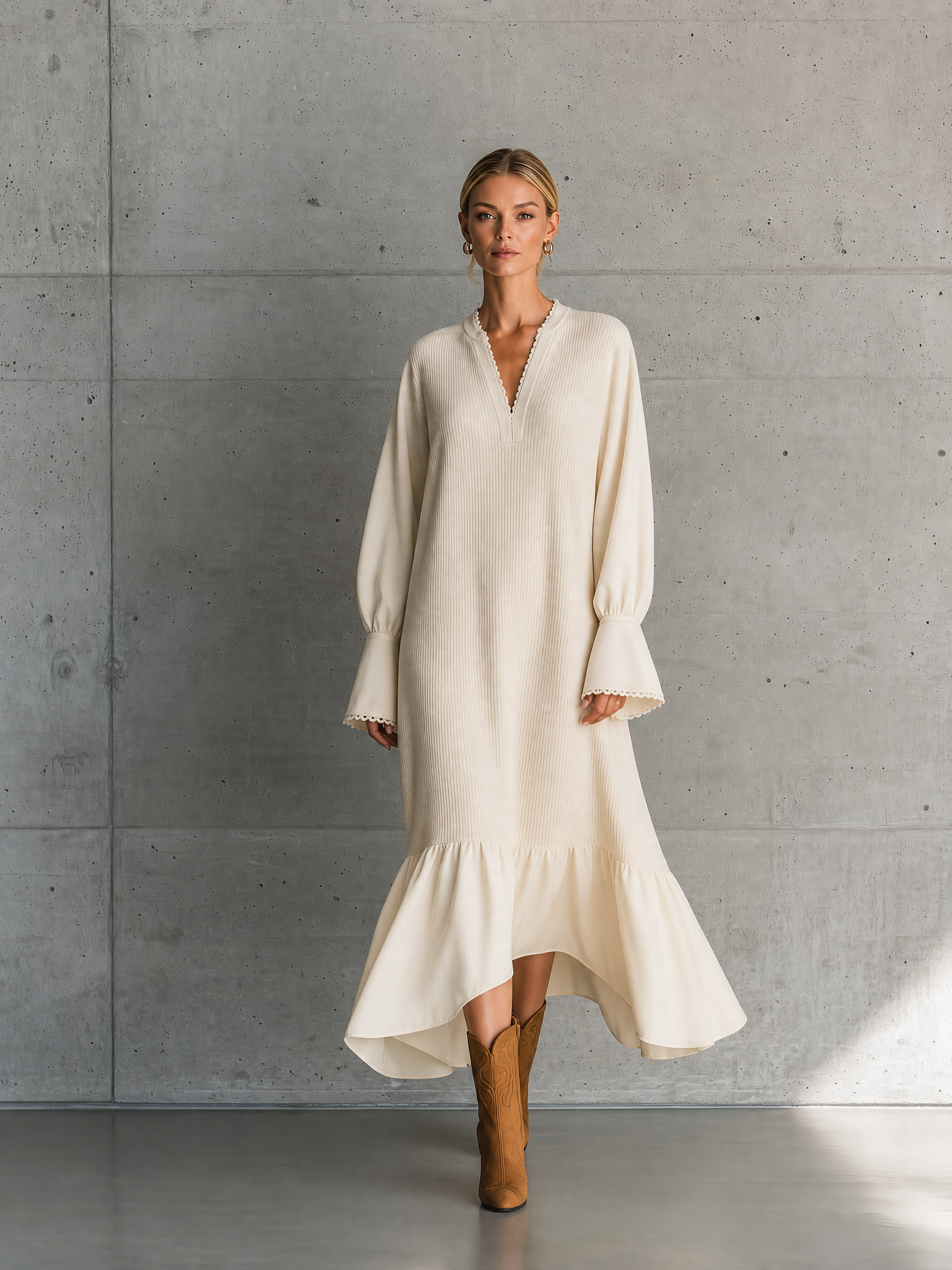 Women's Bell Sleeve Ruffle Hem Ribbed Beige Maxi Dress MDZ1468H1YZJ