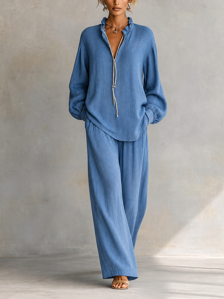 Women's Ruffle Neck Tie Front Linen Blue Pants Set MDZ1418H6YZJ