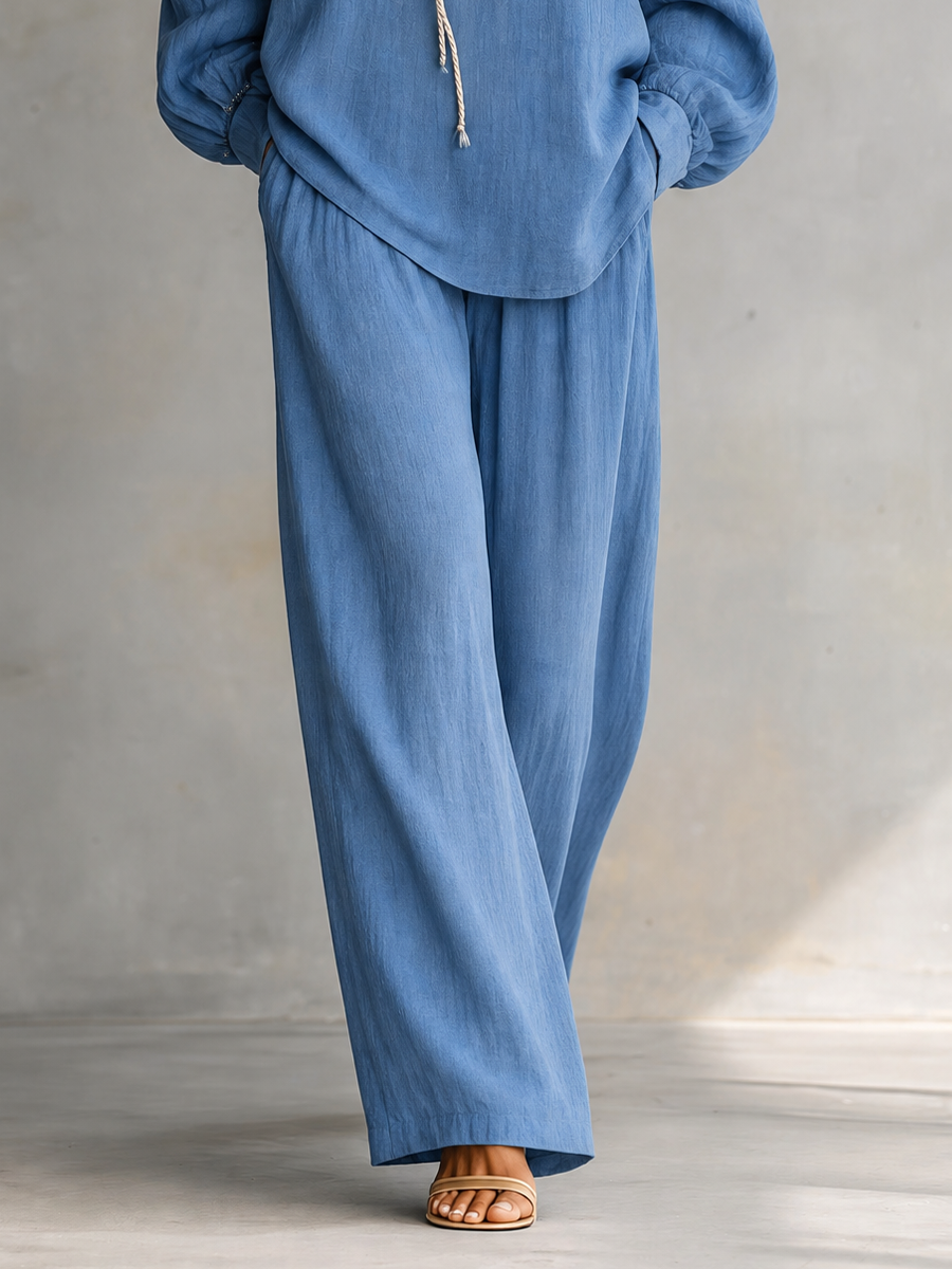 Women's Ruffle Neck Tie Front Linen Blue Pants Set MDZ1418H6YZJ