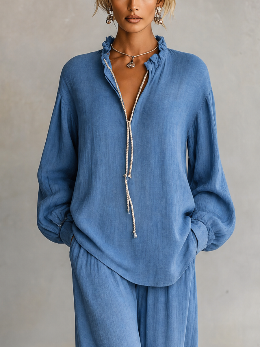 Women's Ruffle Neck Tie Front Linen Blue Pants Set MDZ1418H6YZJ