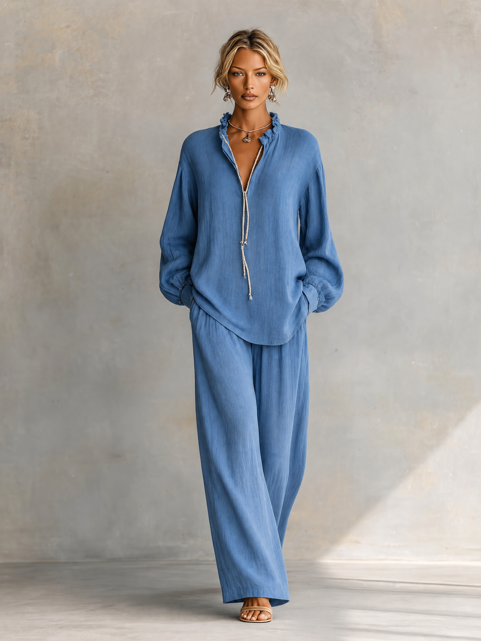 Women's Ruffle Neck Tie Front Linen Blue Pants Set MDZ1418H6YZJ