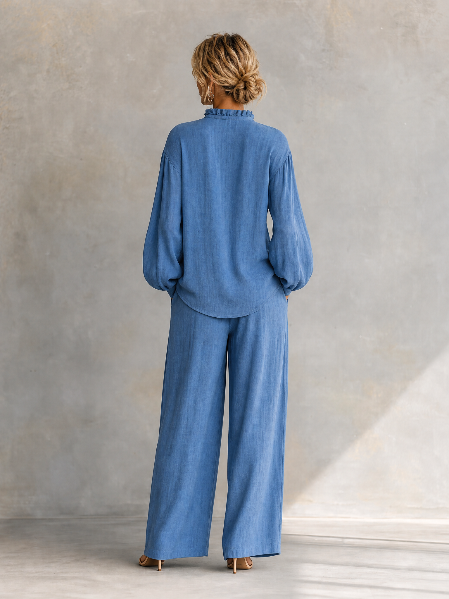 Women's Ruffle Neck Tie Front Linen Blue Pants Set MDZ1418H6YZJ