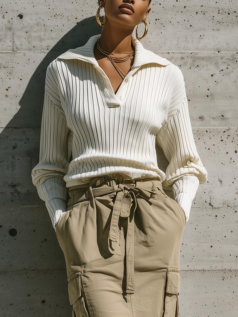 Women's Polo Collar Ribbed Top Cargo Skirt Set MDZ1456H3YZJ