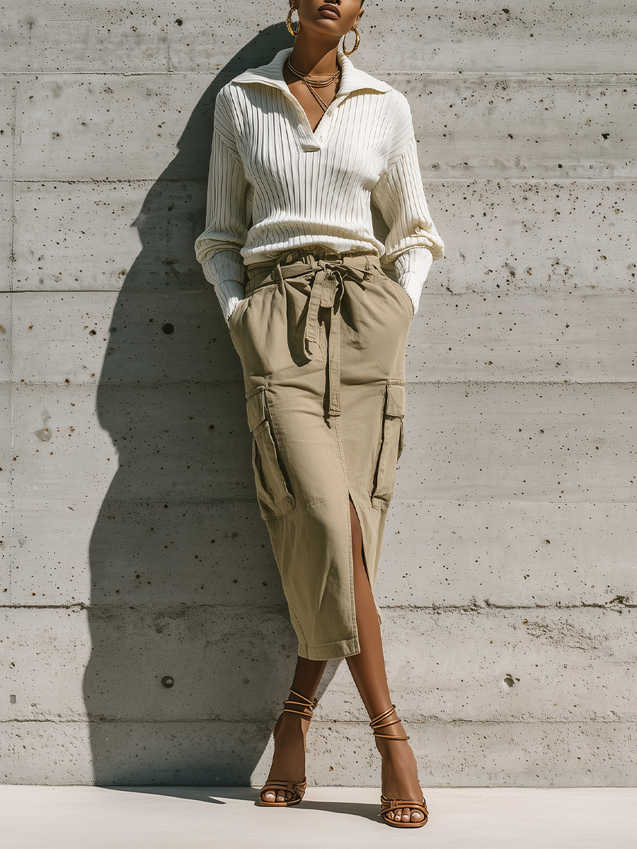 Women's Polo Collar Ribbed Top Cargo Skirt Set MDZ1456H3YZJ