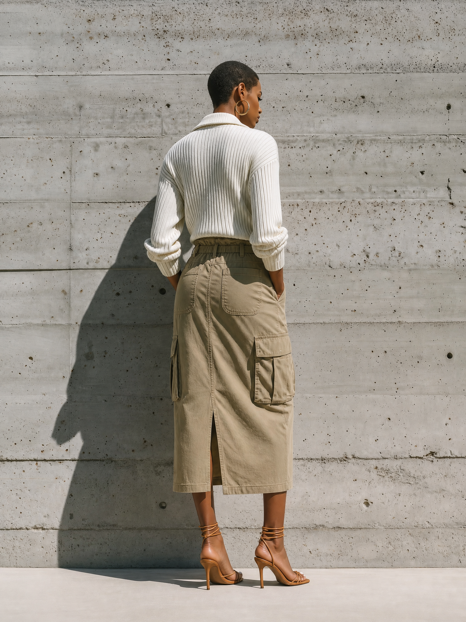 Women's Polo Collar Ribbed Top Cargo Skirt Set MDZ1456H3YZJ
